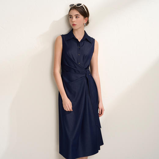 EITIE爱特爱气质翻领干练无袖不对称收腰仿牛仔连衣裙2026夏新款B2607230 商品图2