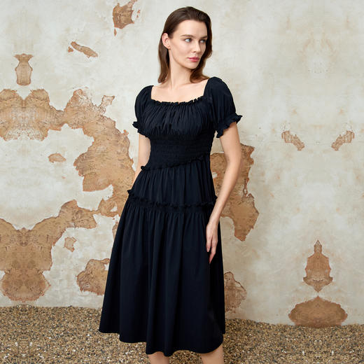 EITIE爱特爱夏季新款优雅复古方领泡泡袖收腰显瘦连衣裙8207901 商品图2