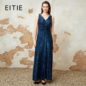 EITIE爱特爱重工亮片修身优雅气质V领无袖礼服连衣裙夏新款8277909