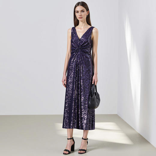 EITIE爱特爱重工亮片修身优雅气质V领无袖礼服连衣裙夏新款8277909 商品图6