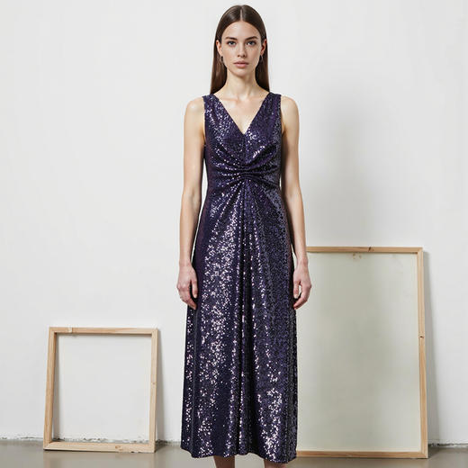 EITIE爱特爱重工亮片修身优雅气质V领无袖礼服连衣裙夏新款8277909 商品图8