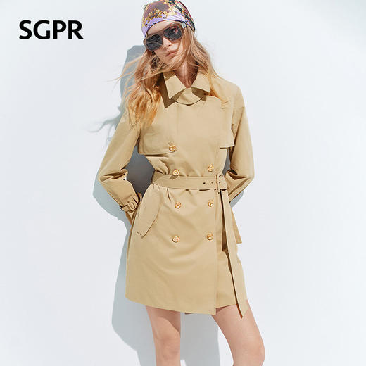 天虹玛克门店发货：卡其色风衣女中长款2026年春季新款收腰翻领钉珠纯棉外套(货号:MU80WB002) 商品图2