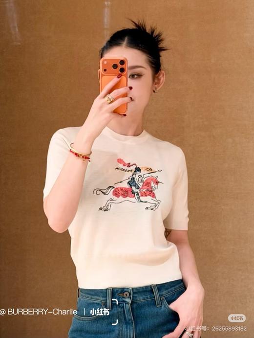 BUR十字绣骑士徽标短袖羊毛罩衫，100% 80支精纺羊毛 商品图0