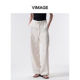 VIMAGE纬漫纪2026夏季新款撞色竖条纹显瘦高腰阔腿休闲长裤V2505219