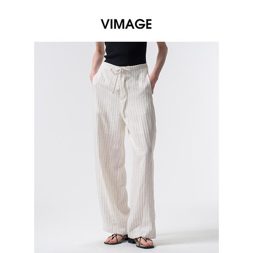 VIMAGE纬漫纪2026夏季新款撞色竖条纹显瘦高腰阔腿休闲长裤V2505219 商品图0
