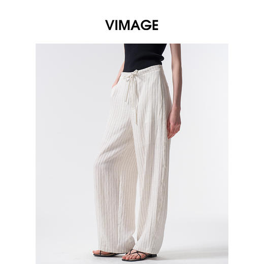 VIMAGE纬漫纪2026夏季新款撞色竖条纹显瘦高腰阔腿休闲长裤V2505219 商品图2