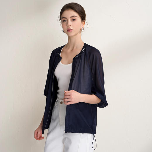 EITIE爱特爱亮丝欧根纱显瘦领口钉珠轻薄显瘦开衫外套2026夏新款B2603204 商品图1