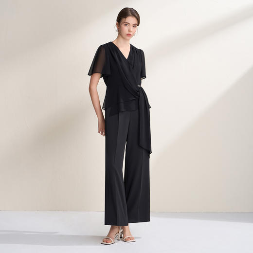 EITIE爱特爱法式优雅高级感网纱袖V领直筒短袖连体裤2026夏新款B2612202 商品图2