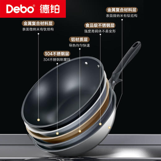 Debo德铂-伏尔泰炒锅 钛不粘·0涂层（配蒸格、硅胶铲、钢锅盖） 商品图2