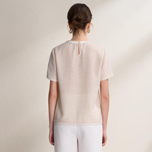 EITIE爱特爱珍珠花边圆领百搭亮片短袖简约通勤上衣2026夏季新款B2613220 商品图4