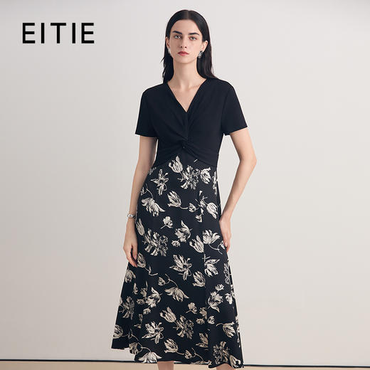 EITIE爱特爱法式优雅气质印花V领修身显瘦连衣裙2026夏新款8607314 商品图0