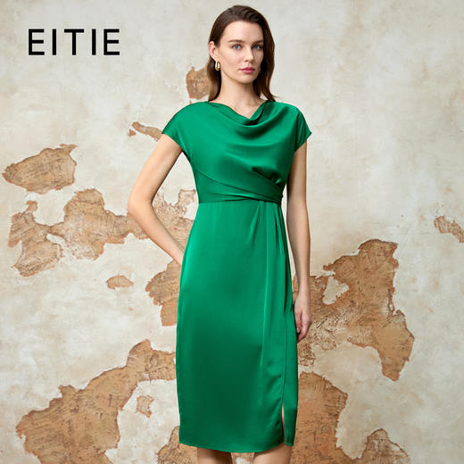EITIE爱特爱气质荡领提褶收腰开叉缎面连衣裙夏新款8207938 商品图0