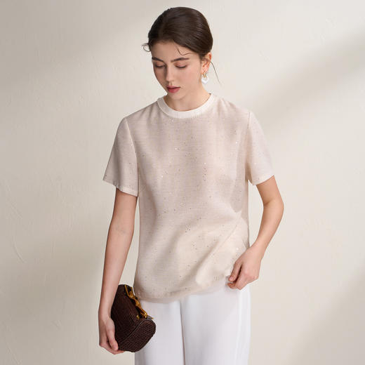 EITIE爱特爱珍珠花边圆领百搭亮片短袖简约通勤上衣2026夏季新款B2613220 商品图2