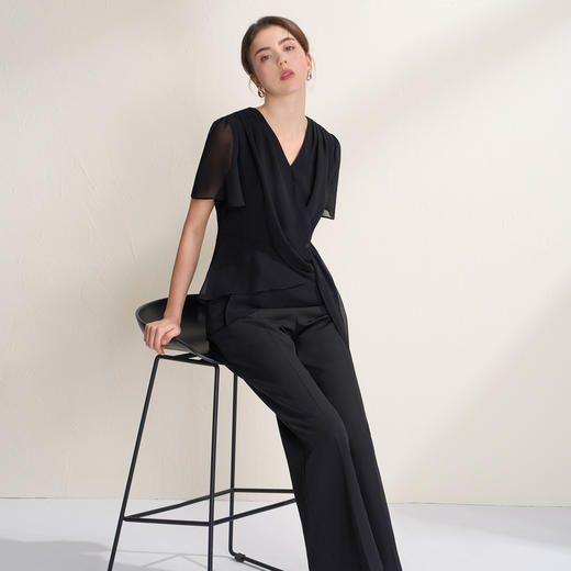 EITIE爱特爱法式优雅高级感网纱袖V领直筒短袖连体裤2026夏新款B2612202 商品图1