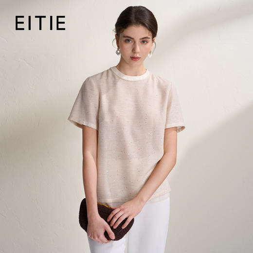 EITIE爱特爱珍珠花边圆领百搭亮片短袖简约通勤上衣2026夏季新款B2613220 商品图0