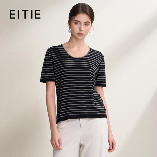 EITIE爱特爱条纹U领优雅百搭休闲宽松套头短袖针织衫2026夏季新款B2601216 商品图0