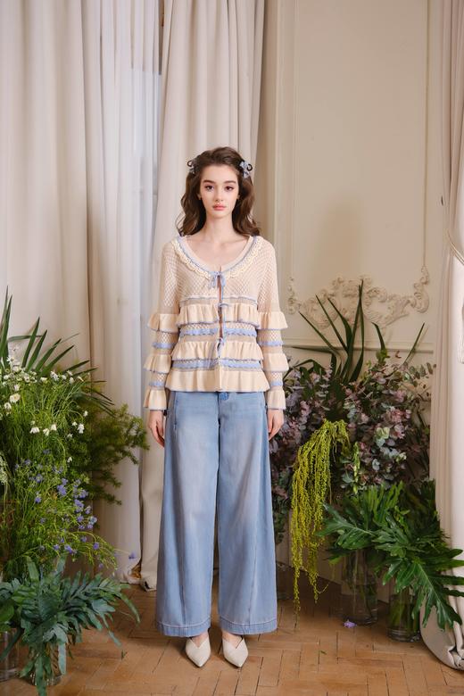 蓝咖色层叠荷叶边针织开衫外套 商品图2