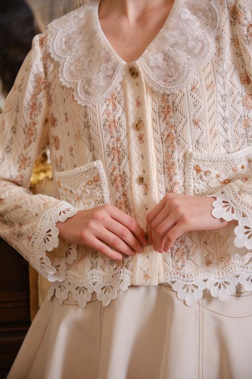 棕白蕾丝领立体蝴蝶结镂空针织开衫 商品图2