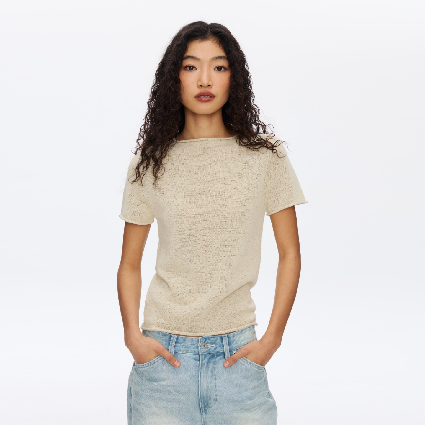Oneup亚麻卷边针织正肩短袖