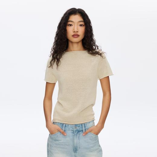 Oneup亚麻卷边针织正肩短袖 商品图0