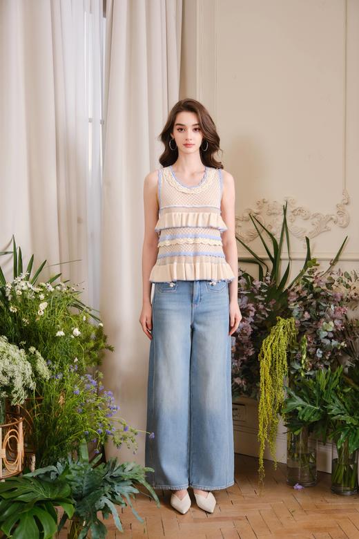 蓝咖色层叠荷叶边针织无袖上衣 商品图1