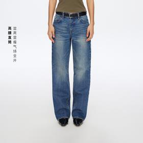复古水洗蓝高腰直筒牛仔裤