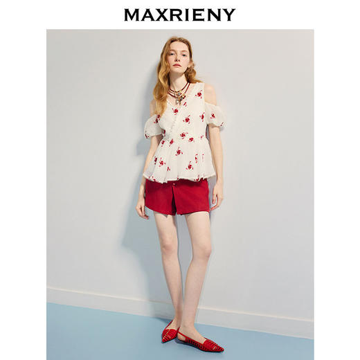 【商场同款】MAXRIENY精致浪漫感x型收腰露肩泡泡袖上衣25夏款(货号:MC86TP264) 商品图1