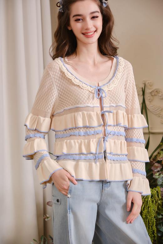 蓝咖色层叠荷叶边针织开衫外套 商品图5