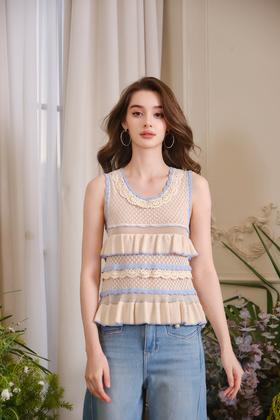 蓝咖色层叠荷叶边针织无袖上衣