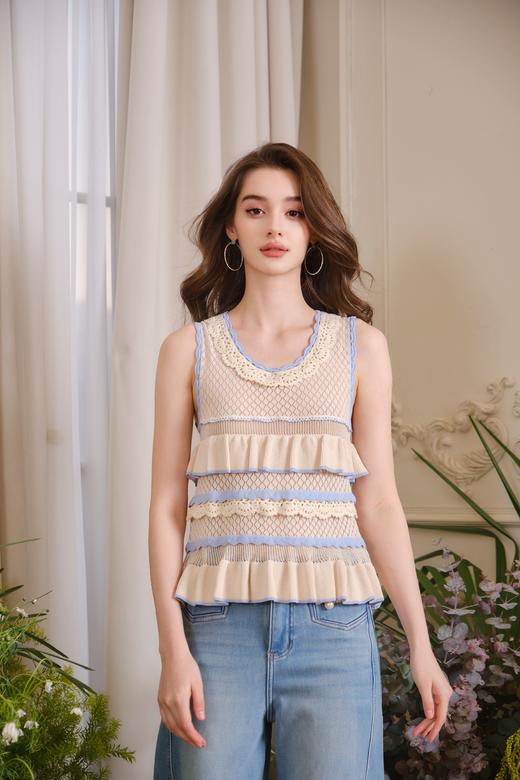 蓝咖色层叠荷叶边针织无袖上衣 商品图0