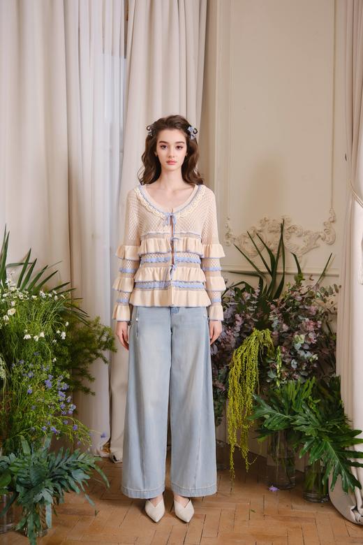 蓝咖色层叠荷叶边针织开衫外套 商品图1