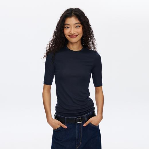 Oneup羊毛中袖圆领修身T恤 商品图0