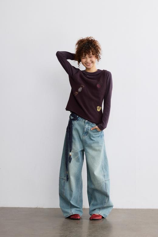 假两件毛织拼接背心刺绣T恤 商品图1