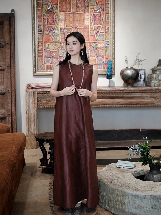 盛唐牡丹 | 紫檀色重缎红云纱连衣裙 商品图7