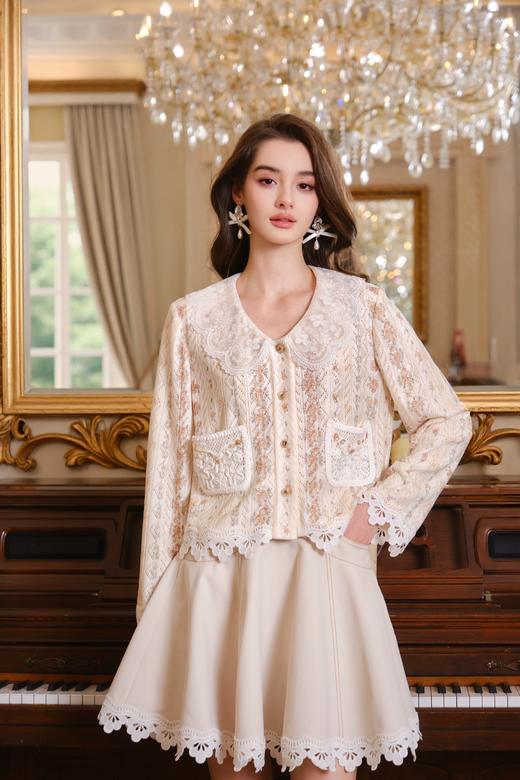 棕白蕾丝领立体蝴蝶结镂空针织开衫 商品图0