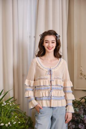 蓝咖色层叠荷叶边针织开衫外套