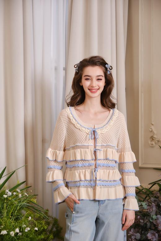 蓝咖色层叠荷叶边针织开衫外套 商品图0