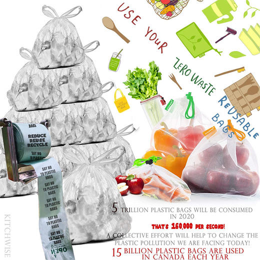 美国 KitchWise 环保果蔬袋购物袋  可重复使用透明可清洗 带重量标签 抽绳束口储物网袋 商品图1