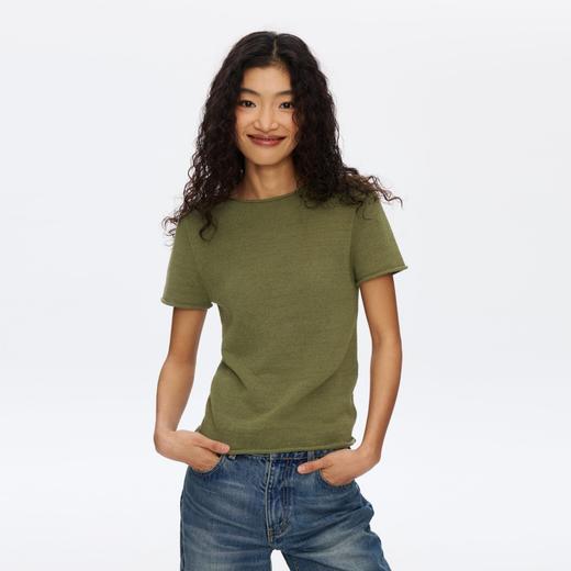 Oneup亚麻卷边针织正肩短袖 商品图1