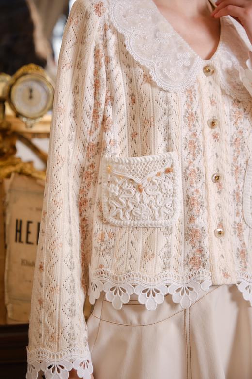 棕白蕾丝领立体蝴蝶结镂空针织开衫 商品图3