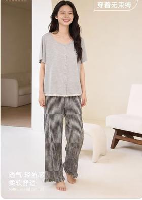 TZ竹纤维女士圆领开衫短袖长裤家居套2412