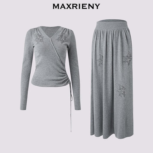 MAXRIENY慵懒感堆褶套头修身针织衫宽松高腰针织半裙秋套装两件套(货号:MS85SW776SK765) 商品图4