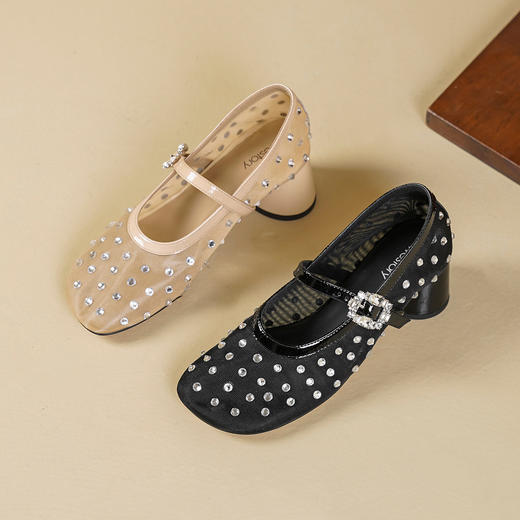 Westory2026年春季圆头镂空网纱烫钻粗跟单鞋玛丽珍空鞋休闲百搭空凉鞋W26AH50031 商品图9