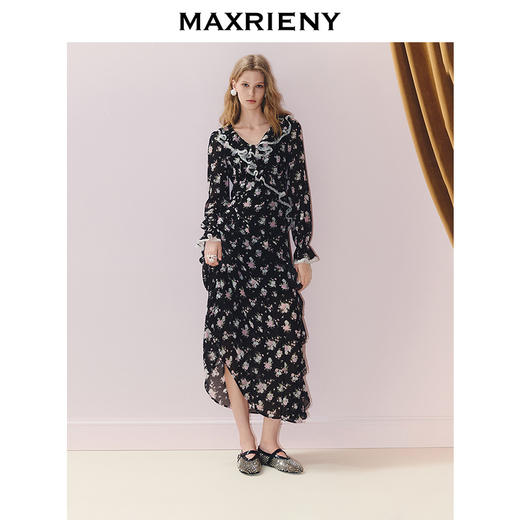 MAXRIENY度假风连衣裙松弛感碎花裙25秋荷叶边x型收腰长袖茶歇裙(货号:MS86DR281) 商品图0