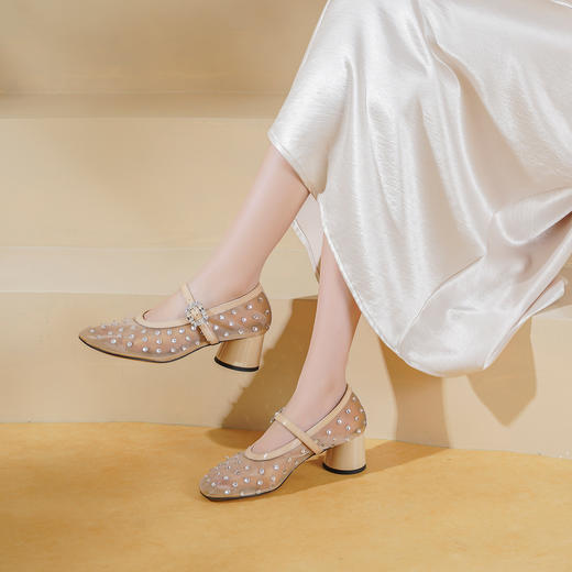 Westory2026年春季圆头镂空网纱烫钻粗跟单鞋玛丽珍空鞋休闲百搭空凉鞋W26AH50031 商品图5