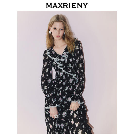 MAXRIENY度假风连衣裙松弛感碎花裙25秋荷叶边x型收腰长袖茶歇裙(货号:MS86DR281) 商品图2