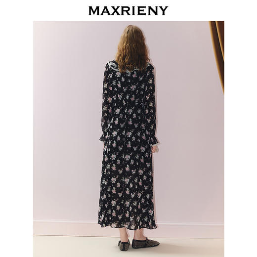 MAXRIENY度假风连衣裙松弛感碎花裙25秋荷叶边x型收腰长袖茶歇裙(货号:MS86DR281) 商品图3
