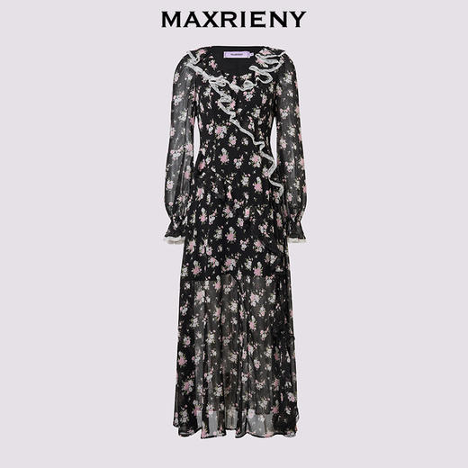 MAXRIENY度假风连衣裙松弛感碎花裙25秋荷叶边x型收腰长袖茶歇裙(货号:MS86DR281) 商品图4