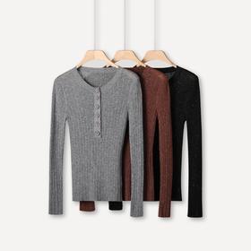 女士水溶羊毛亨利领长袖套头衫