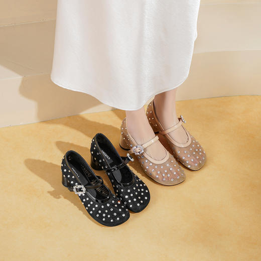 Westory2026年春季圆头镂空网纱烫钻粗跟单鞋玛丽珍空鞋休闲百搭空凉鞋W26AH50031 商品图7